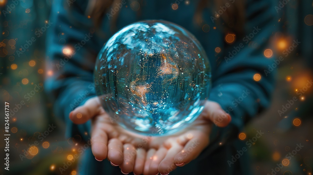 Fototapeta premium A conceptual depiction of hands holding a protective bubble around a person. stock image