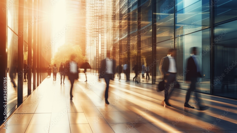 Blurred motion of busy business people walking in a sunlit, modern glass office corridor. Concept of fast business pace