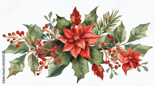 Watercolour Floral Bouquet Red Green Poinsettia Winter