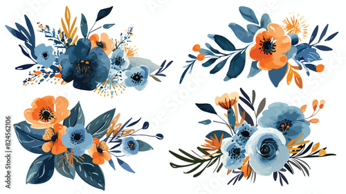 Watercolour Floral Bouquets Blue Orange Flowers Sumer