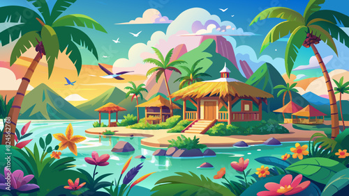 Tropical Paradise Island Landscape with Huts and Palm Trees. Vector illustration of Hush Vacation