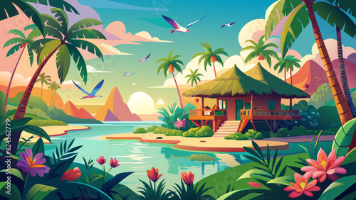 Tropical Paradise: Secluded Beach Bungalow at Sunset. Vector illustration of Hush Vacation