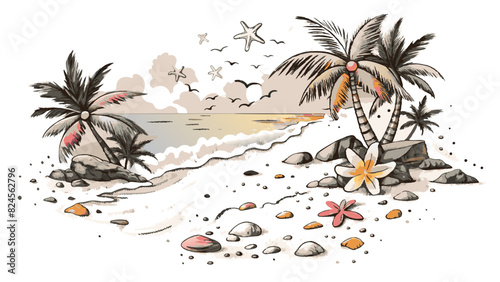 Idyllic Tropical Beachscape with Palm Trees and Sunset. Vector illustration of Hush Vacation