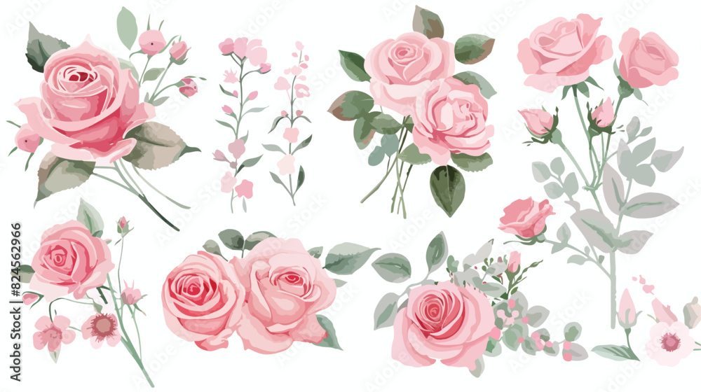 Watercolour Floral Bouquets Pink Blush Roses Spring