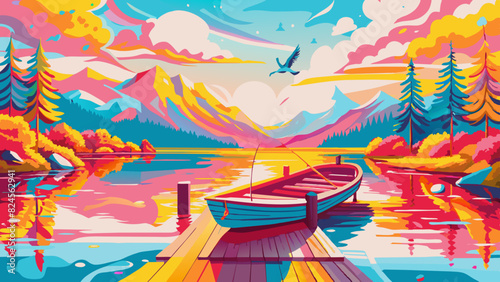 Vibrant Mountain Lake Scenery with Wooden Dock and Canoe. Vector illustration of Hush Vacation