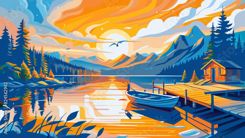 Majestic Sunset Over Serene Mountain Lake with Cabin and Boat. Vector illustration of Hush Vacation