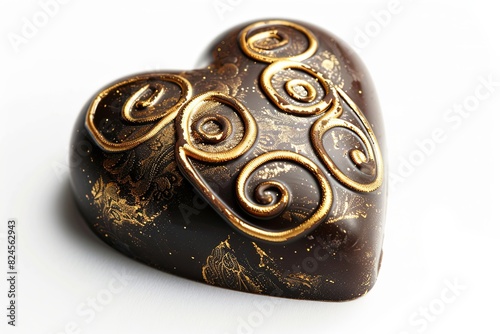 Detailed chocolate heart with elegant gold swirls on white background. Generative AI