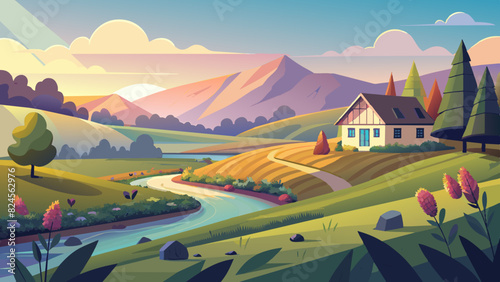 Idyllic Countryside Landscape with Farmhouse at Sunset. Vector illustration of Hush Vacation