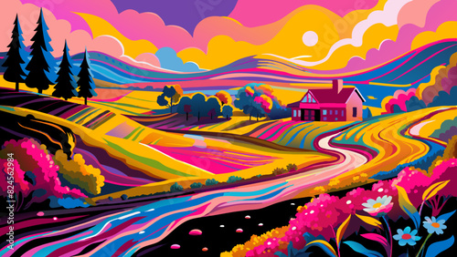 Vibrant Countryside Landscape with Rolling Hills at Sunset. Vector illustration of Hush Vacation