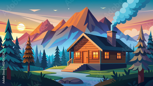 Serene Mountain Cabin Retreat at Sunset Illustration. Vector illustration of Hush Vacation