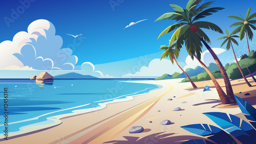 Serene Tropical Beach Escape with Palm Trees and Sailing Boat. Vector illustration of Hush Vacation