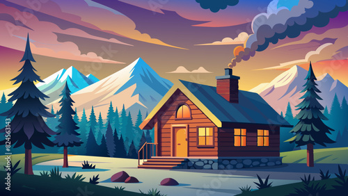 Idyllic Log Cabin Retreat Amidst Snowy Mountains at Sunset. Vector illustration of Hush Vacation