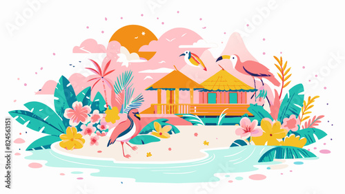 Tropical Paradise Vector Illustration with Exotic Birds and Beach Hut. Vector illustration of Hush Vacation