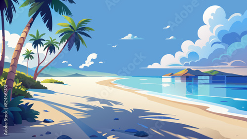 Serene Tropical Beach Paradise with Palm Trees and Clear Blue Sky. Vector illustration of Hush Vacation