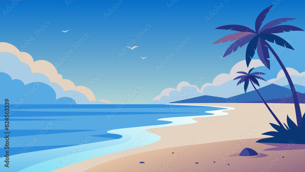 Tranquil Tropical Beach Sunset with Palm Silhouette. Vector illustration of Hush Vacation