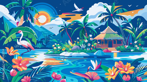 Tropical Paradise Landscape with Vibrant Flora and Fauna at Sunset. Vector illustration of Hush Vacation