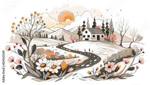 Pastoral Countryside Scenery with Floral Elements and Sunset. Vector illustration of Hush Vacation