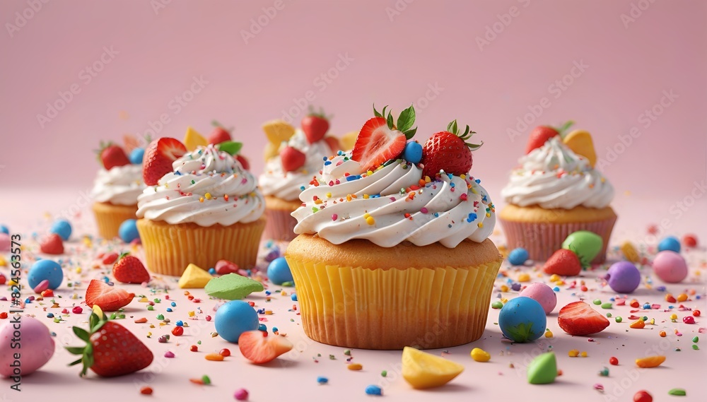 Colorful Cupcakes with Sprinkles and Strawberries, Surrounded by Diverse Candy Decorations