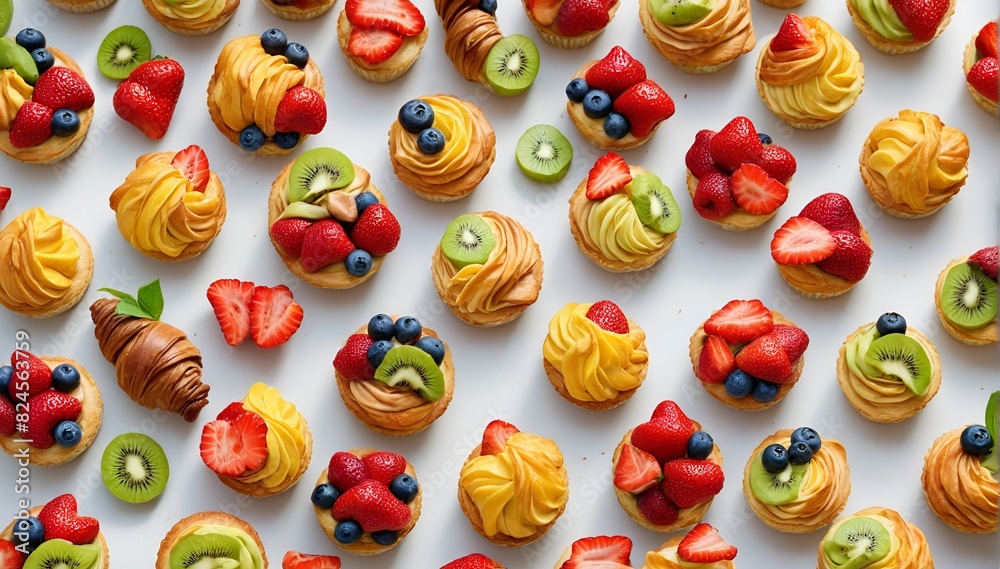 Colorful pastries with vibrant fruit toppings Colorful pastries with vibrant fruit toppings