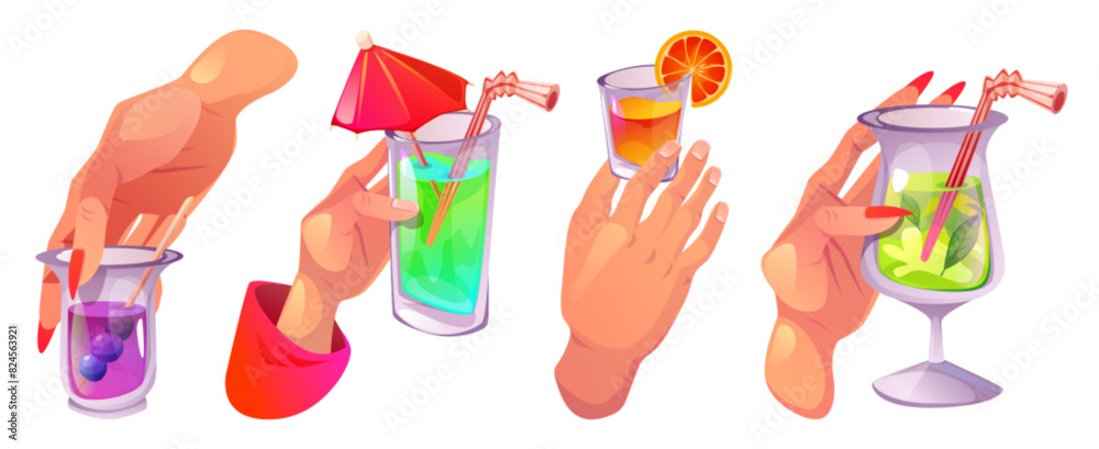 Hands with cocktail glasses isolated on white background. Vector ...
