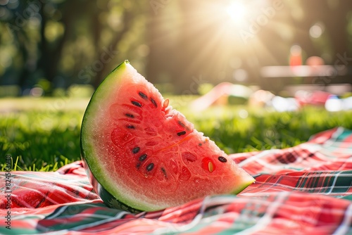 Fresh watermelon slices under sun rays. Black seeds in melon pulp. Summer fruit, berry. Juicy and delicious snack. Cut. Red melon rind. Pulpy. Copy space for text. Picnic. Summer park. Sweet and ripe