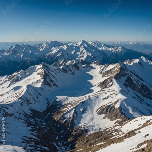 Snow-capped mountains against a clear blue sky.