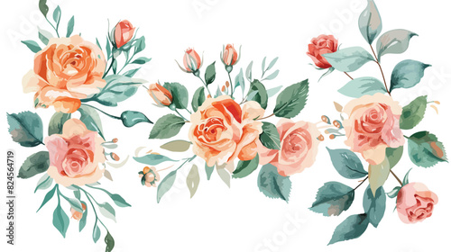 Watercolour Flower Bouquets Peach Mint Roses Spring
