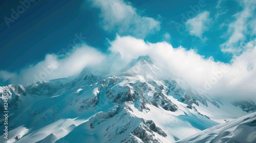Mountain covered in snow under a clear blue sky with white clouds