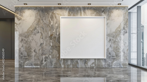 A contemporary gallery space with a blank white frame mockup on a polished marble wall, accentuated by minimalist, recessed lighting photo