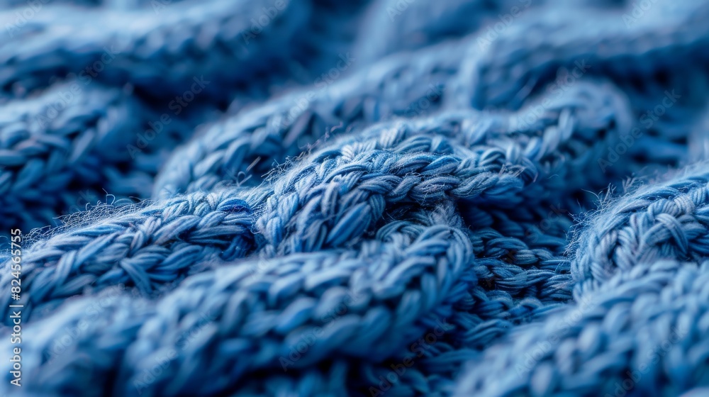 The blue fabric background is textured with knitted yarns, a macro shot of the subject The blue fabric background is textured with knitted yarns, a macro shot of the subject