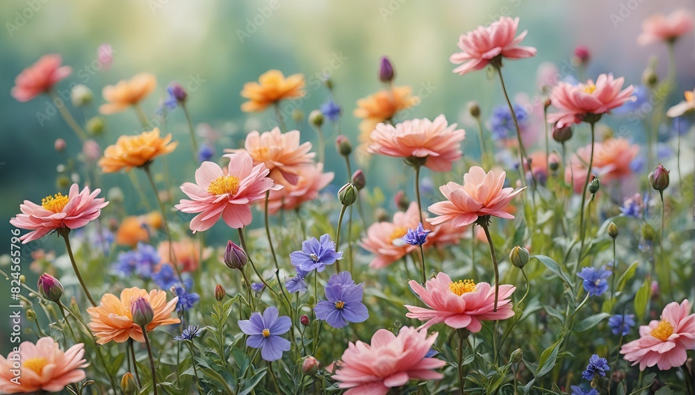Vibrant Garden Flower Field with Diverse Wildflowers Vibrant Garden Flower Field with Diverse Wildflowers