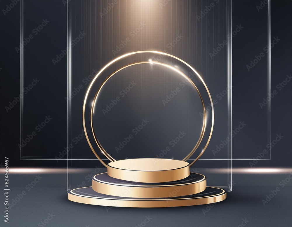 Opulent 3D Studio Room with Golden Metallic Podium & Glass Circle Lighting Display