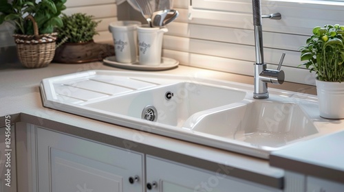 Vintage corner sink in a compact kitchen  designed for space-saving  close-up with studio lighting showcasing its timeless aesthetic