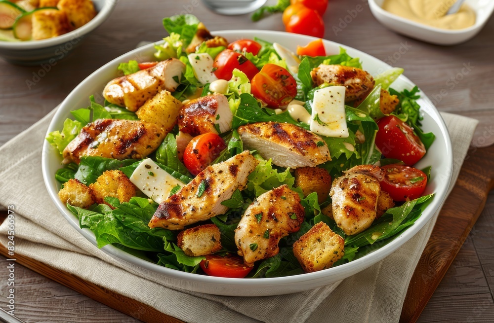 Photo of pieces of grilled meat with salad on a white plate on a wooden background Photo of pieces of grilled meat with salad on a white plate on a wooden background