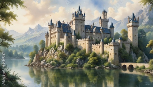 Welcome to Fairytale Castle: A 3D Render of a Fantastical, Majestic European-Style Castle perched on a cliff by a serene lake.