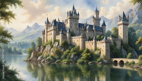 Wallpaper Mural Welcome to Fairytale Castle: A 3D Render of a Fantastical, Majestic European-Style Castle perched on a cliff by a serene lake. Torontodigital.ca