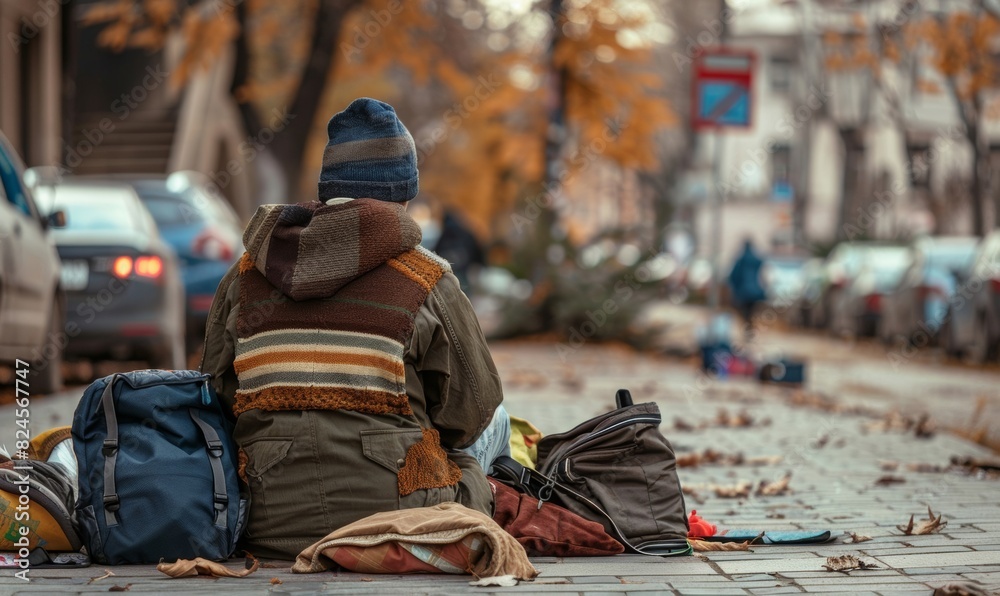 Homeless Person Sitting on Street with Belongings
Homeless Person Sitting on Street with Belongings