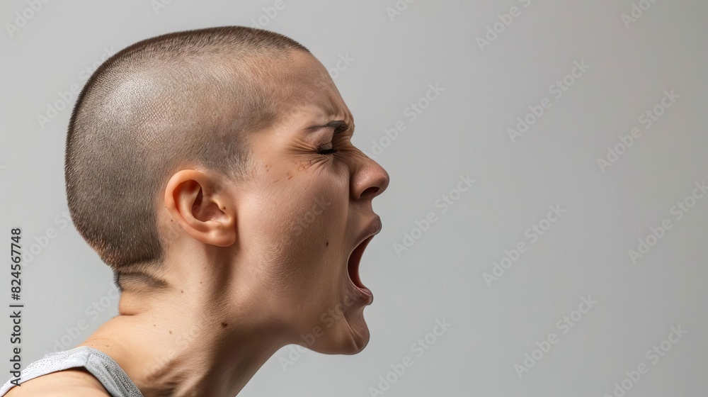 Side profile of a person with a shaved head shouting, expressing strong emotion and intensity against a plain background. Side profile of a person with a shaved head shouting, expressing strong emotion and intensity against a plain background.
