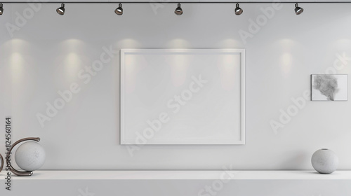 A modernist gallery with a blank white frame mockup on a clean, white wall, surrounded by innovative, ambient track lighting photo