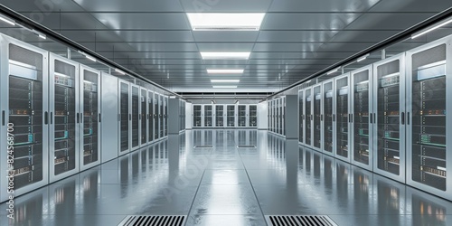 Server room with rows of server racks photo