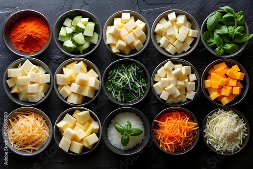 Neatly Arranged Cheese Cubes Slices and Shreds A Tempting Dairy Delight photo