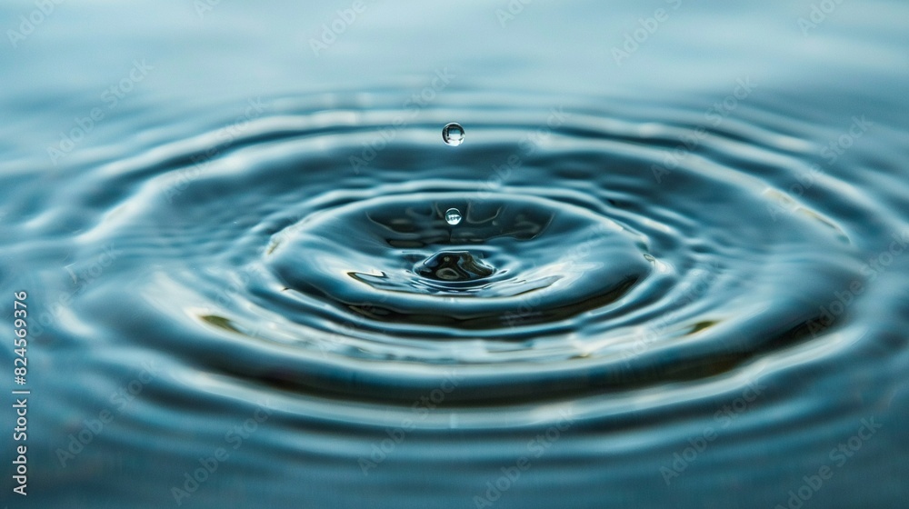 Single water drop falling into a clear blue pond, radiating perfect circular ripples Single water drop falling into a clear blue pond, radiating perfect circular ripples