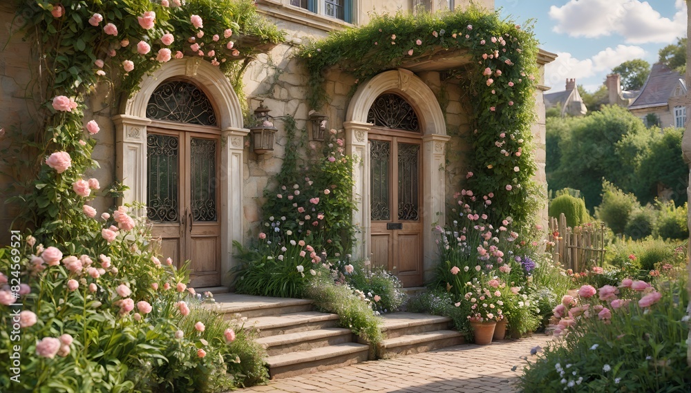 Fototapeta premium Stunning Garden Facade with Romantic Ivy and Flower Arrangements