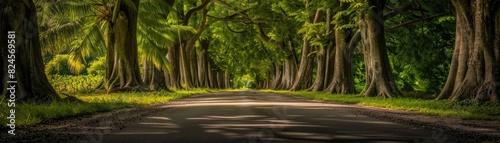 Enchanting tree-lined road with sunlight filtering through branches  creating a serene and picturesque nature landscape perfect for a tranquil stroll.