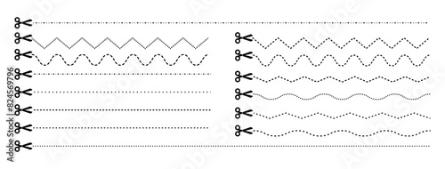 Set of scissors with cut lines. Vector collection of horizontal dashed strokes and scissors cutting the paper by the different lines. Paper cut icons on white background