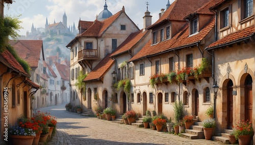 Street scene with European-style buildings and hanging flowers