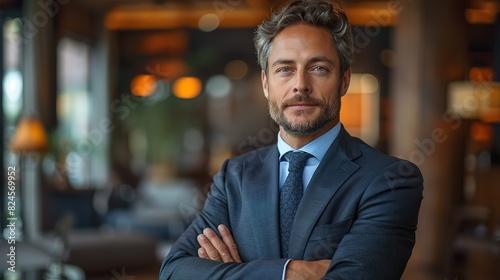 seo banker broker financial director gorgeous serious caucasian wealthy business man in a suit standing with crossed arms at office stock photo