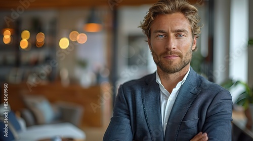seo banker broker financial director gorgeous serious caucasian wealthy business man in a suit standing with crossed arms at office illustration photo photo