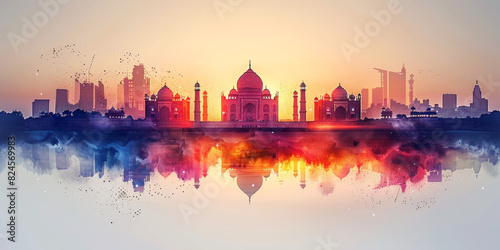 Modern artistic cityscape of the Taj Mahal with a gradient sunset sky, perfect for creative and cultural themes. Independence Day of India.