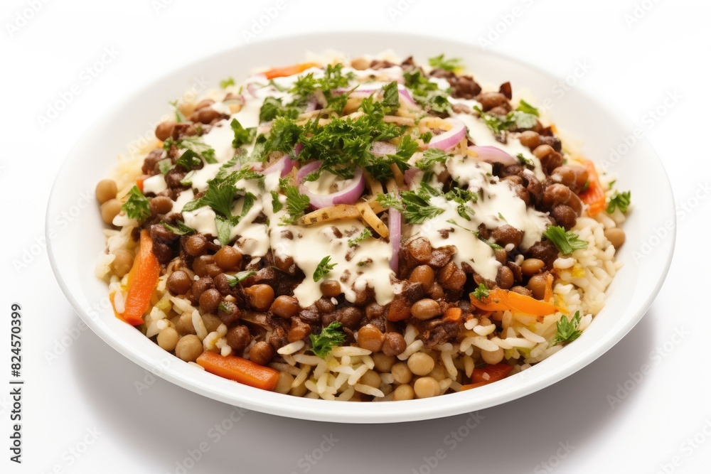 Egyptian koshari, a flavorful mix of rice, lentils, and pasta. White background. Egyptian koshari, a flavorful mix of rice, lentils, and pasta. White background.